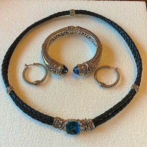 John Medeiros Blue Stone Leather Choker Necklace and matching bracelet